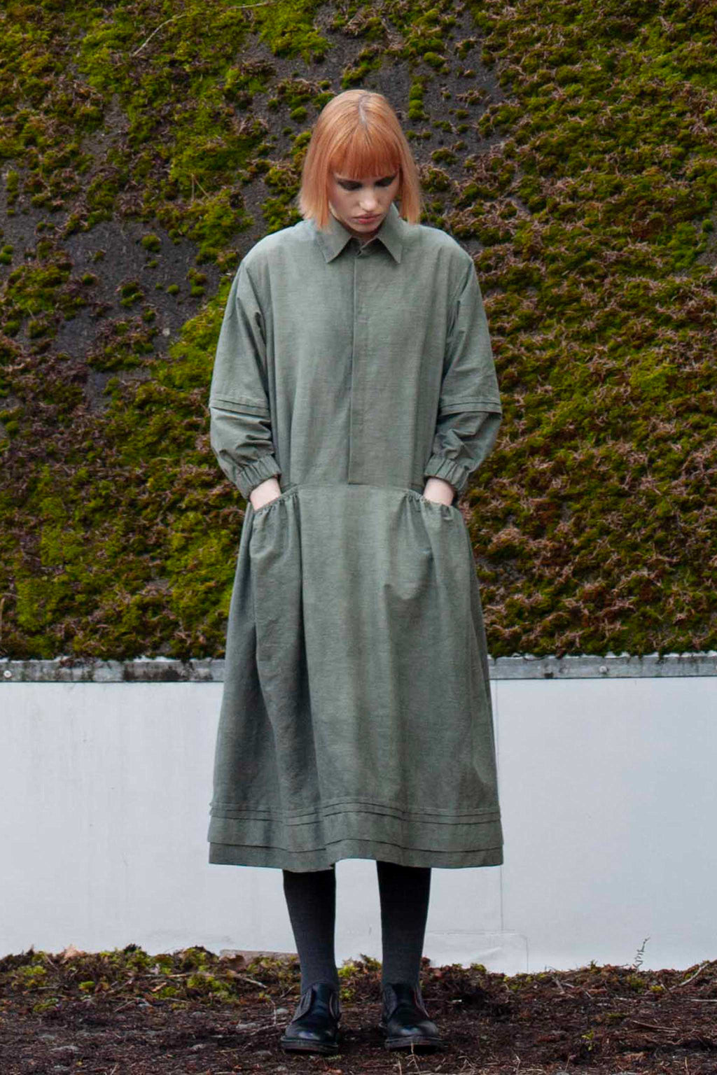 Contemporary Light Green Shirt Dress with Drop Waist in Cotton