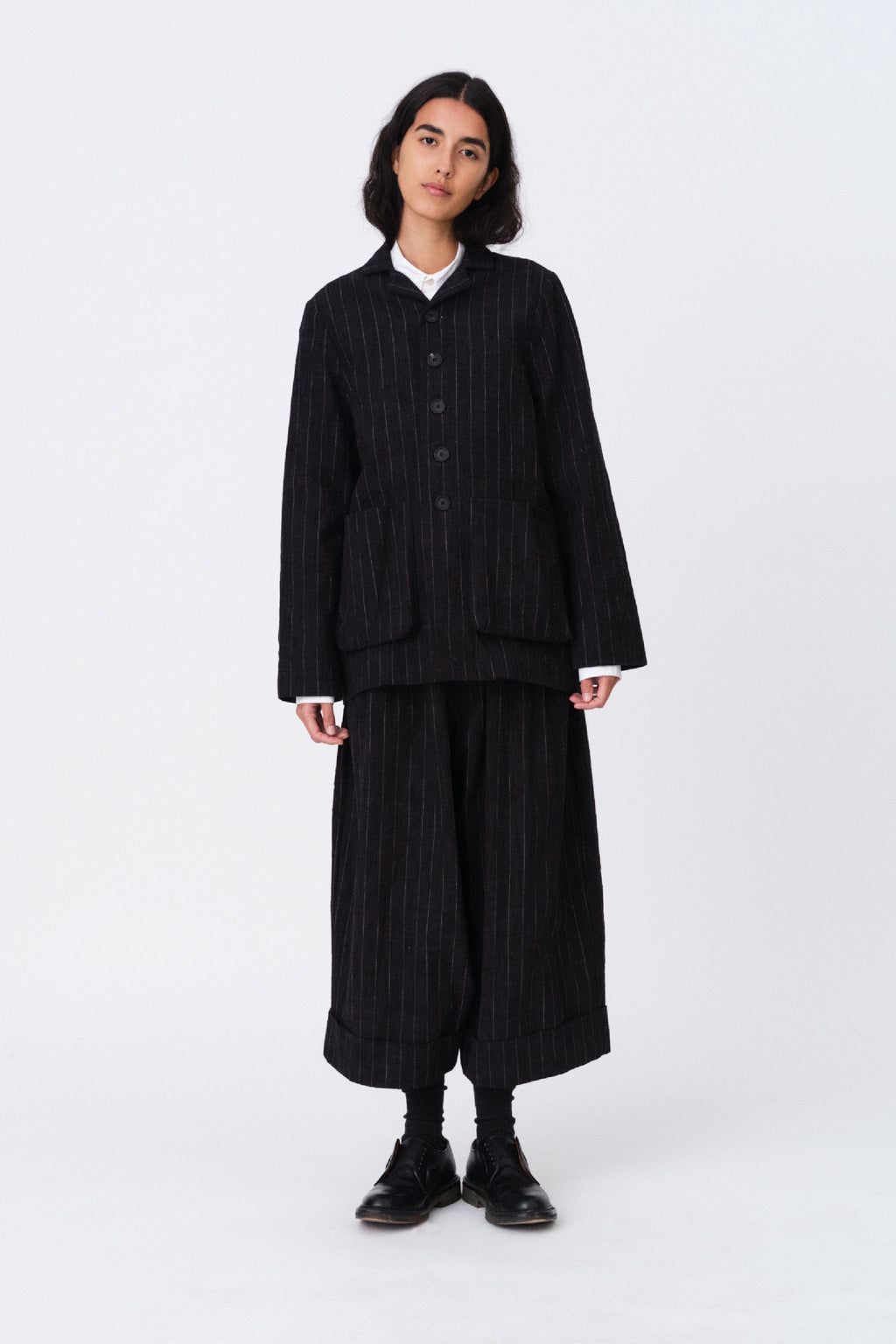 the baker trouser / crumpled pinstripe flint