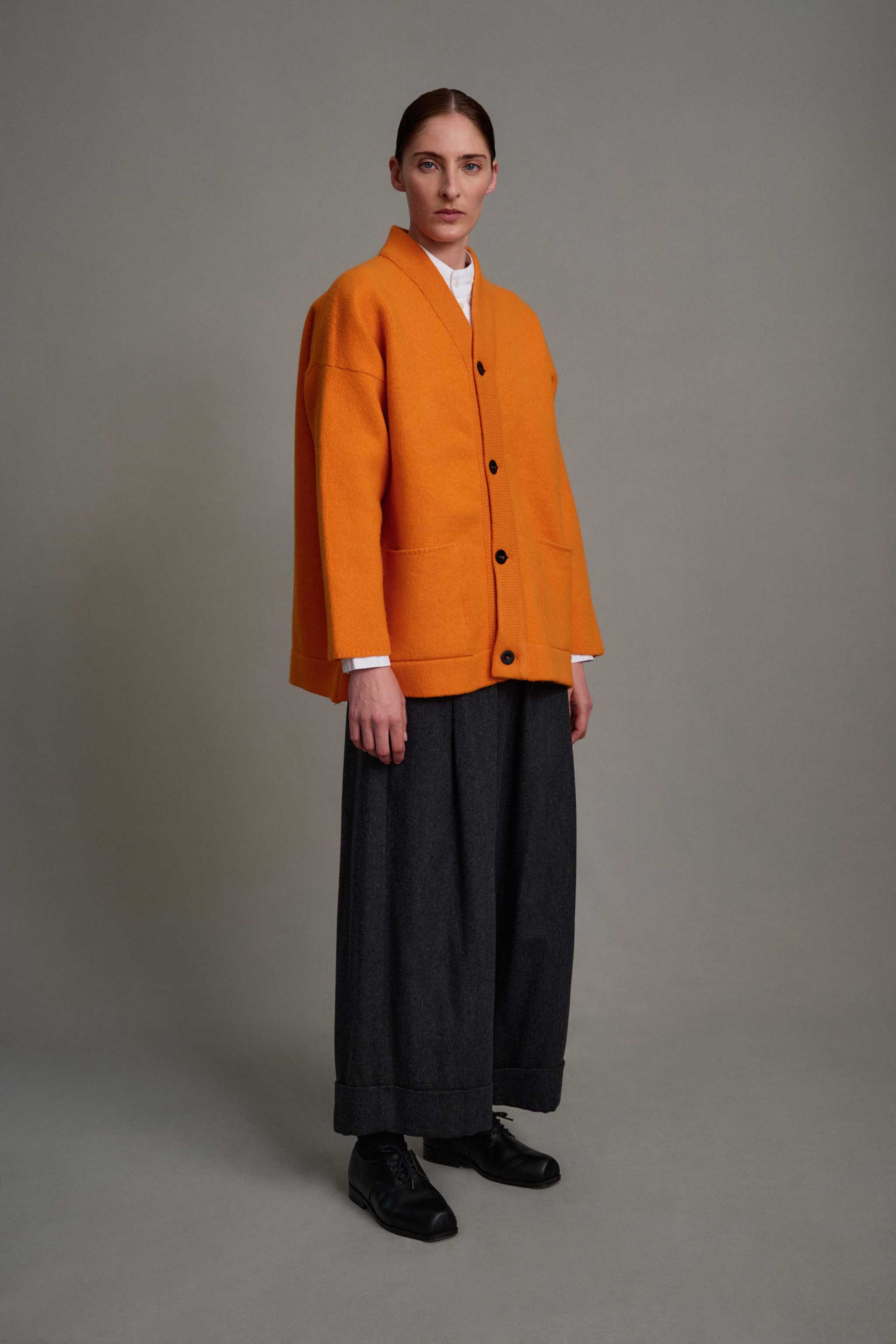 THE LIBRARIAN CARDIGAN / FELTED LAMBSWOOL NASTURTIUM