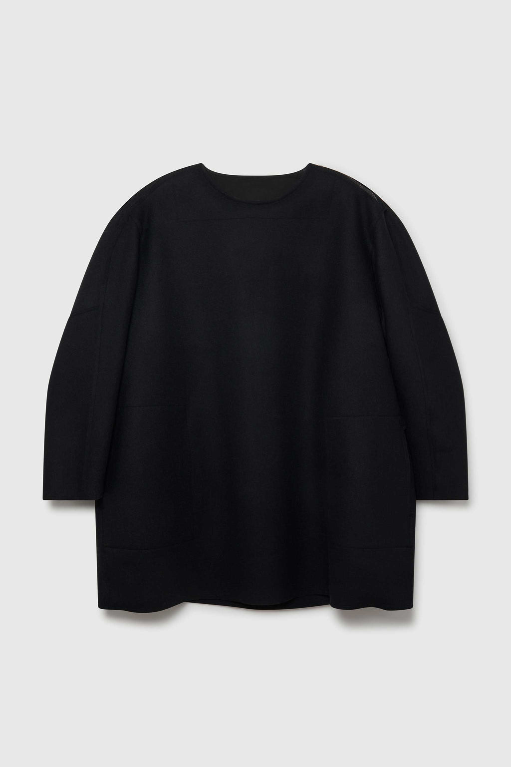 Raw Edge Crew Neck Black Jumper with 3/4 Length Sleeves 100% Wool