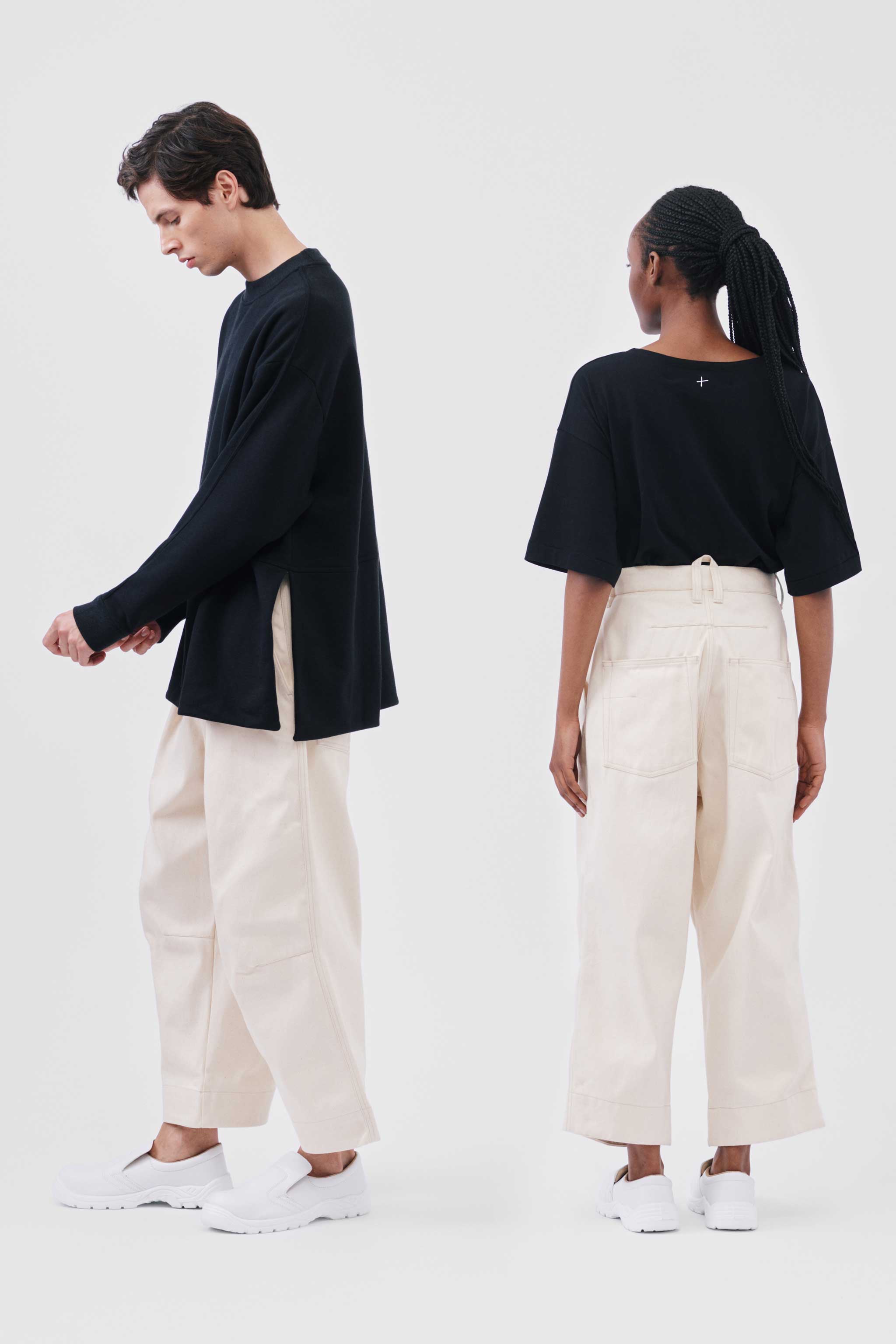 Unisex White Organic Elasticated Denim Jeans Wide Crop Relaxed Fit