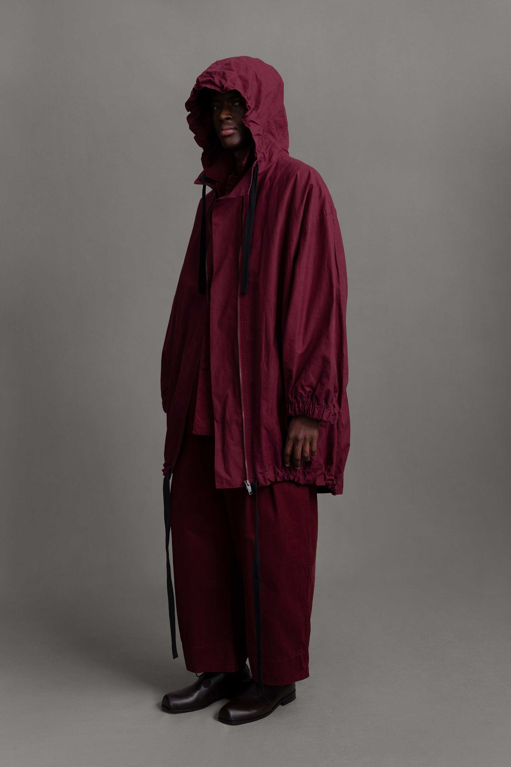 Oversized Shower Proof Hooded Dark Red Coat in 100% Cotton