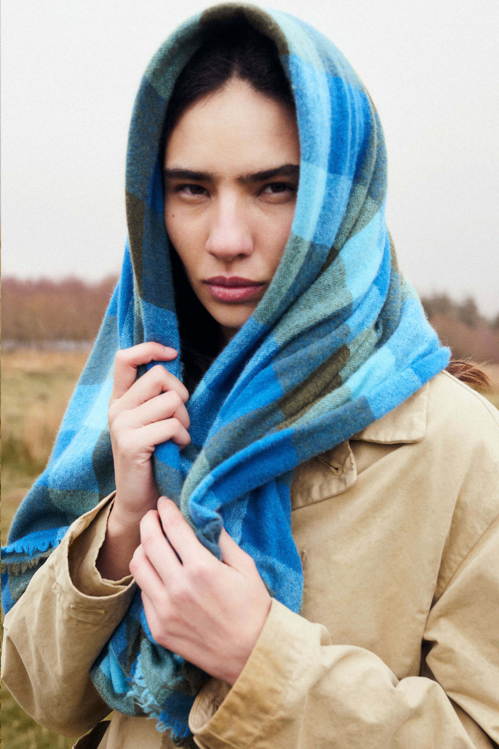 Wool Plaid Check Blue & Green Scarf 