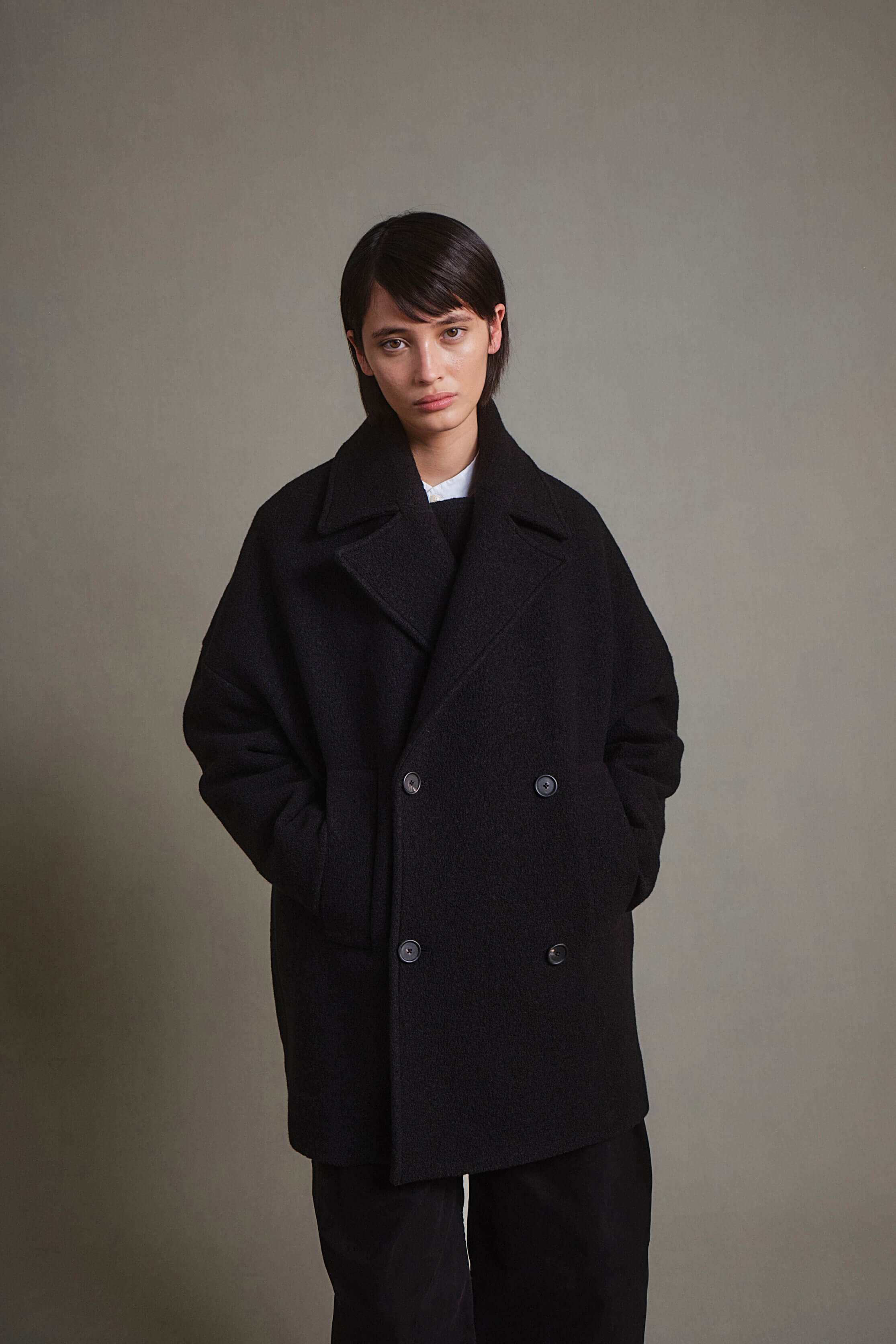 Unisex Wool Fleece Oversized Double Breasted Pea Coat - Black